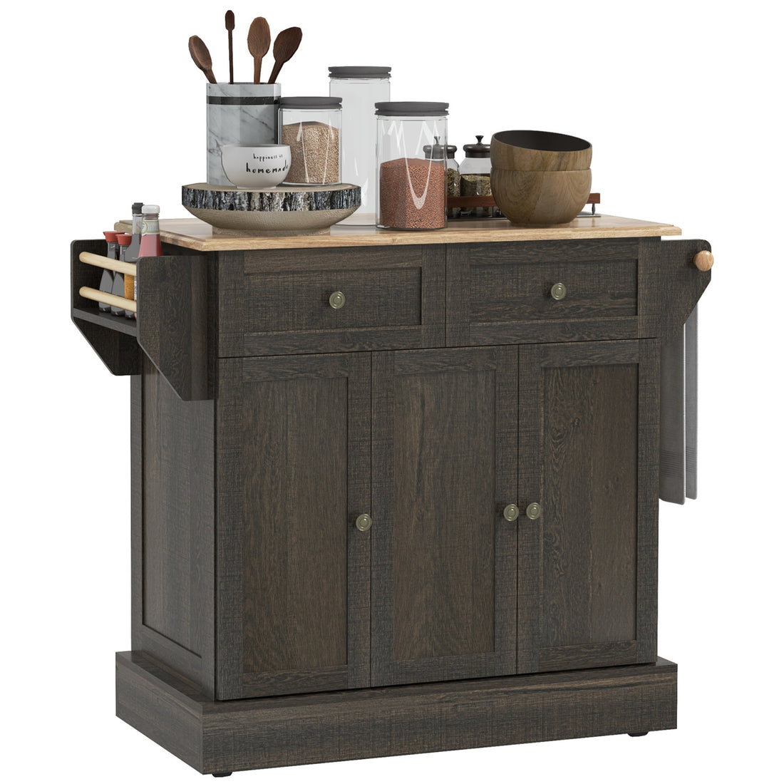 Homcom Triple Cabinet Kitchen Island On Wheels, Kitchen Storage Cabinet With Drawers & Countertop, Rolling Utility Cart With Wood Top, Towel Rack, Spice Stand, Distressed Brown Brown Rubber Wood