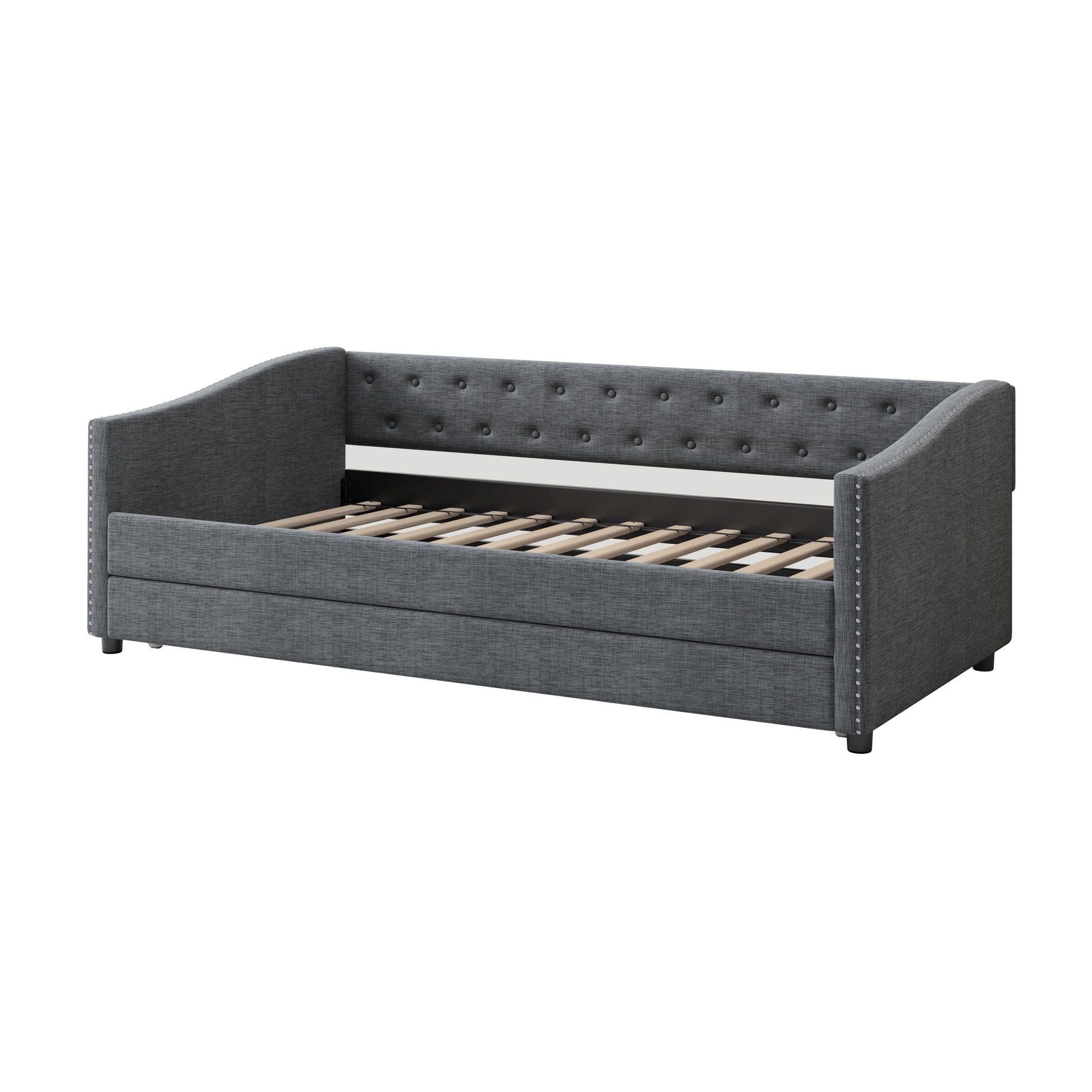 Twin Size Daybed With Twin Size Trundle Upholstered Tufted Sofa Bed, With Button On Back And Copper Nail On Waved Shape Arms Dark Grey Twin Dark Grey Wood Fabric