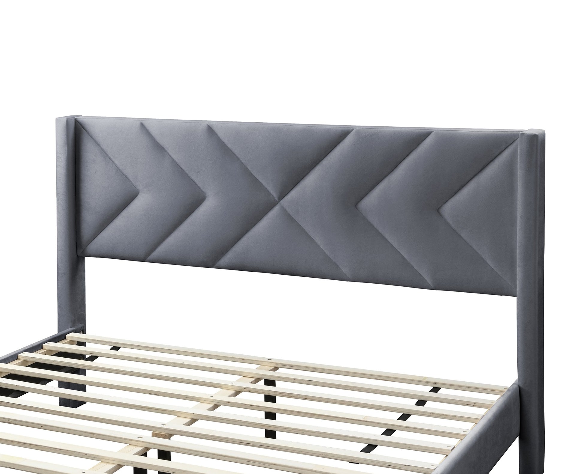 Elegant Modern Gray Velvet Upholstered Queen Size Bed Clean Lines Design Headboard 1Pc Bedframe Box Spring Not Required Queen Grey Wood Bedroom Contemporary,Modern Bed Frame Velvet Velvet