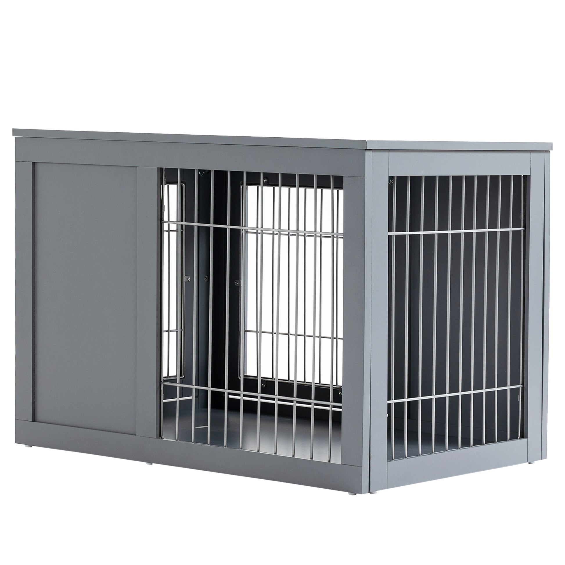 Pawhut Dog Crate Furniture Wire Indoor Pet Kennel Cage, End Table With Double Doors, Locks For Small And Medium Dog House, Grey Grey Steel