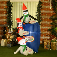 Homcom 6Ft Christmas Inflatables Outdoor Decorations North Pole Mailbox With Penguins And Snowman, Blow Up Yard Christmas Decor With Led Lights Display Multicolor Polyester