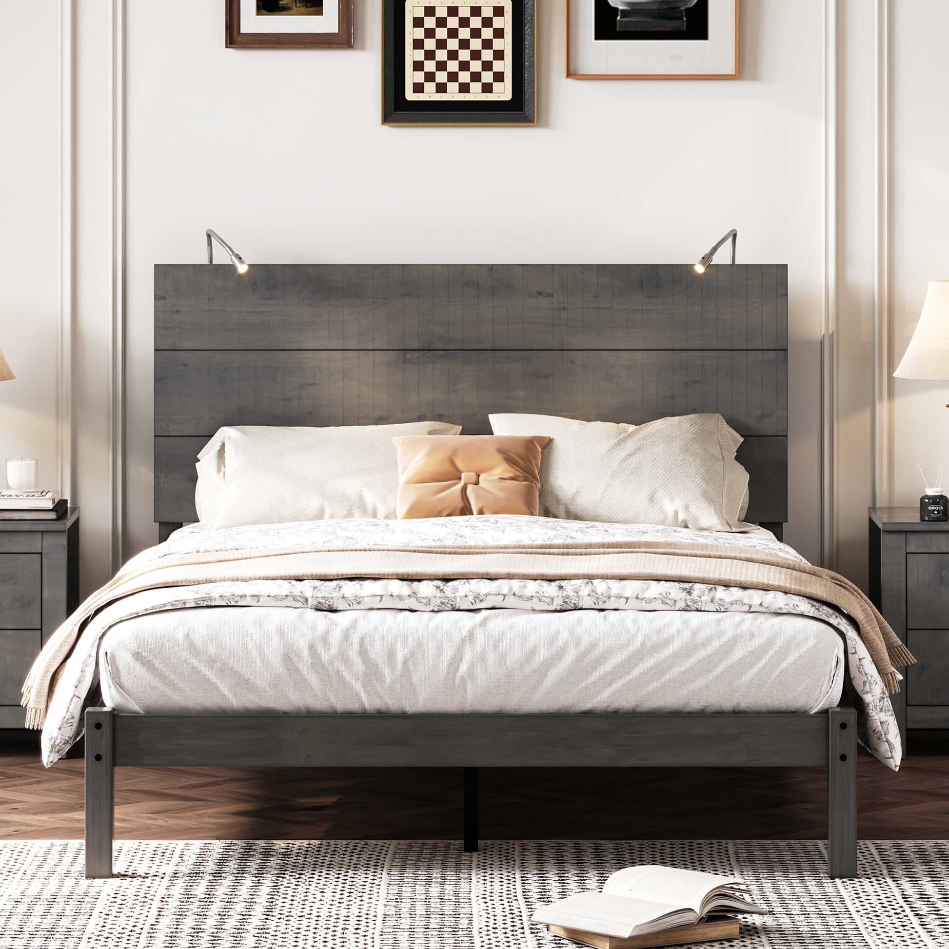 Farmhouse Wooden Platform Full Size Bed, Modern Platform Bed With Two Bedside Lights, Antique Gray Full Antique Gray Wood