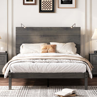 Farmhouse Wooden Platform Full Size Bed, Modern Platform Bed With Two Bedside Lights, Antique Gray Full Antique Gray Wood