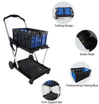 Folding Service Cart With Wheels Double Decker, Shopping, Library, Office Warehouse Moving Carts Black Blue Plastic