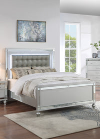 Beautiful Silver Tufted Faux Leather Queen Size Bed W Led Lights 1Pc Panel Bedframe Bedroom Box Spring Required Queen Silver Wood Bedroom Classic,Contemporary,Traditional Rubberwood Bed Frame Faux