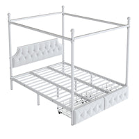 Queen Size Metal Canopy Platform Bed With Upholstered Headboard And Two Storage Drawers, White Queen White Metal