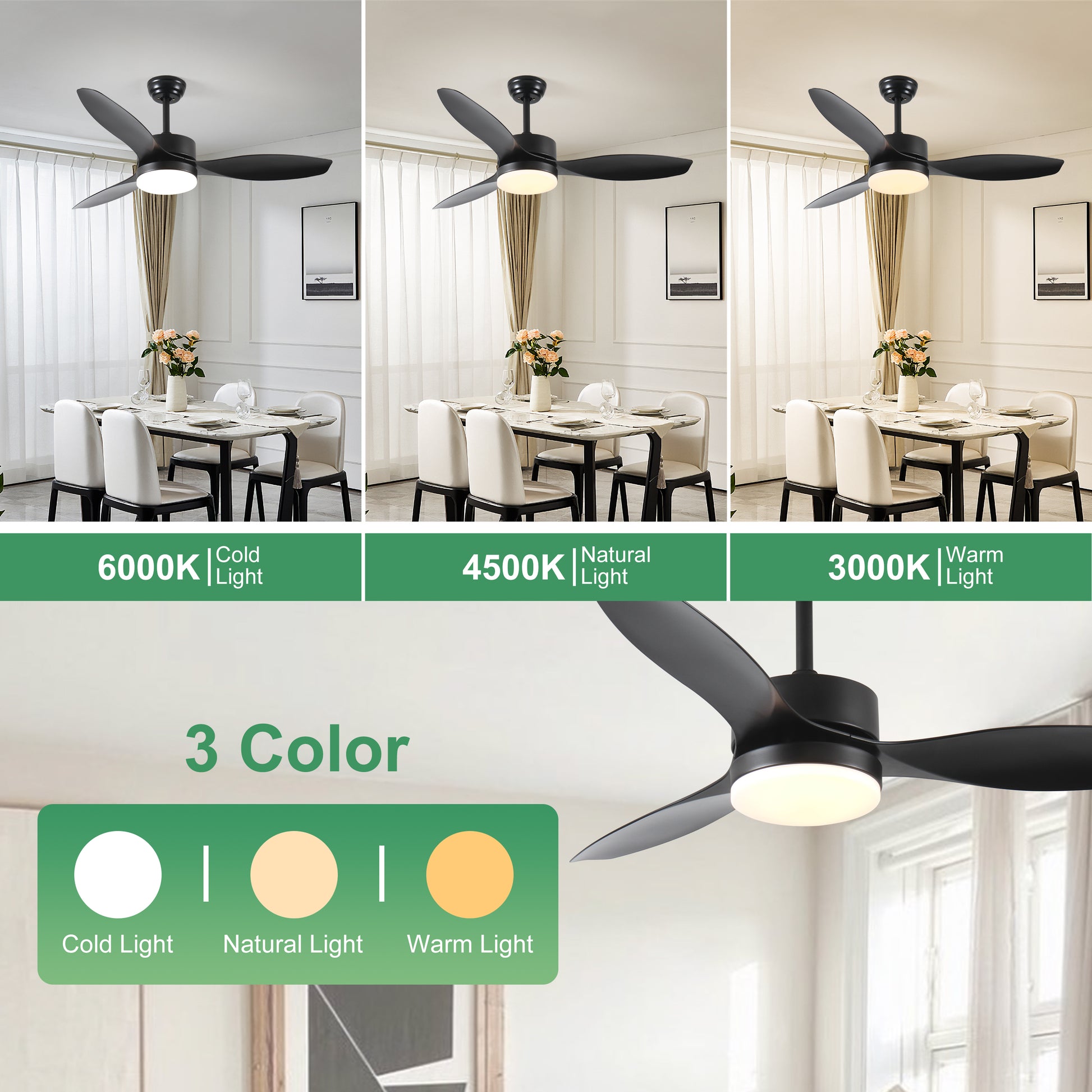 52 Inch Indoor Outdoor Ceiling Fan With Led Select Light Kit Black Black American Design Abs