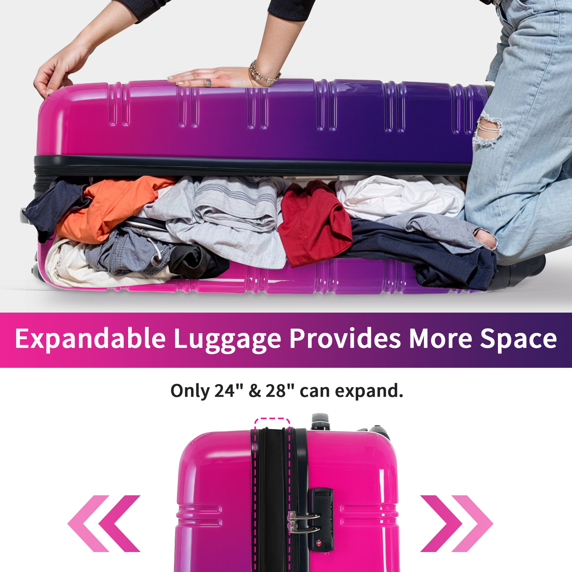 Hardshell Luggage Sets 3 Piece Gradient Color Expandable Suitcase With Spinner Wheels And Tsa Lock Lightweight 20" 24" 28" Available,Purple And Pink Multicolor Purple Abs