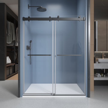 56" 60" Width 76" Height Double Sliding Framless Soft Close Shower Door With 3 8 Inches 10Mm Tempered Safety Glass, Matte Black Finish Matte Black Bathroom Luxury,Modern Glass Aluminium,Stainless