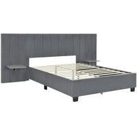 Queen Size Upholstered Platform Bed With Big Headboard, Bedroom Furniture, Velvet, Gray Queen Gray Plywood