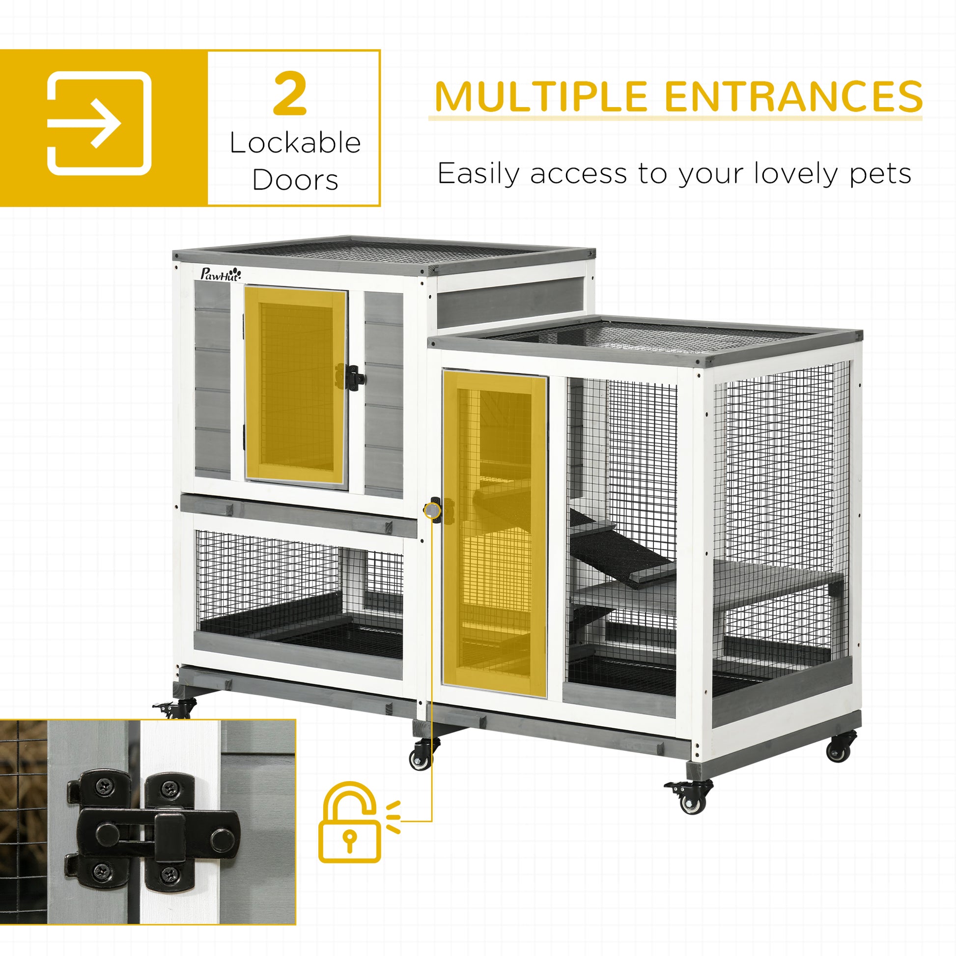 Pawhut Indoor Rabbit Hutch, Three Story Wooden Rabbit Cage Bunny Hutch With Runs, Wheels, Waterproof Roof And Removable Trays, Gray Gray Wood