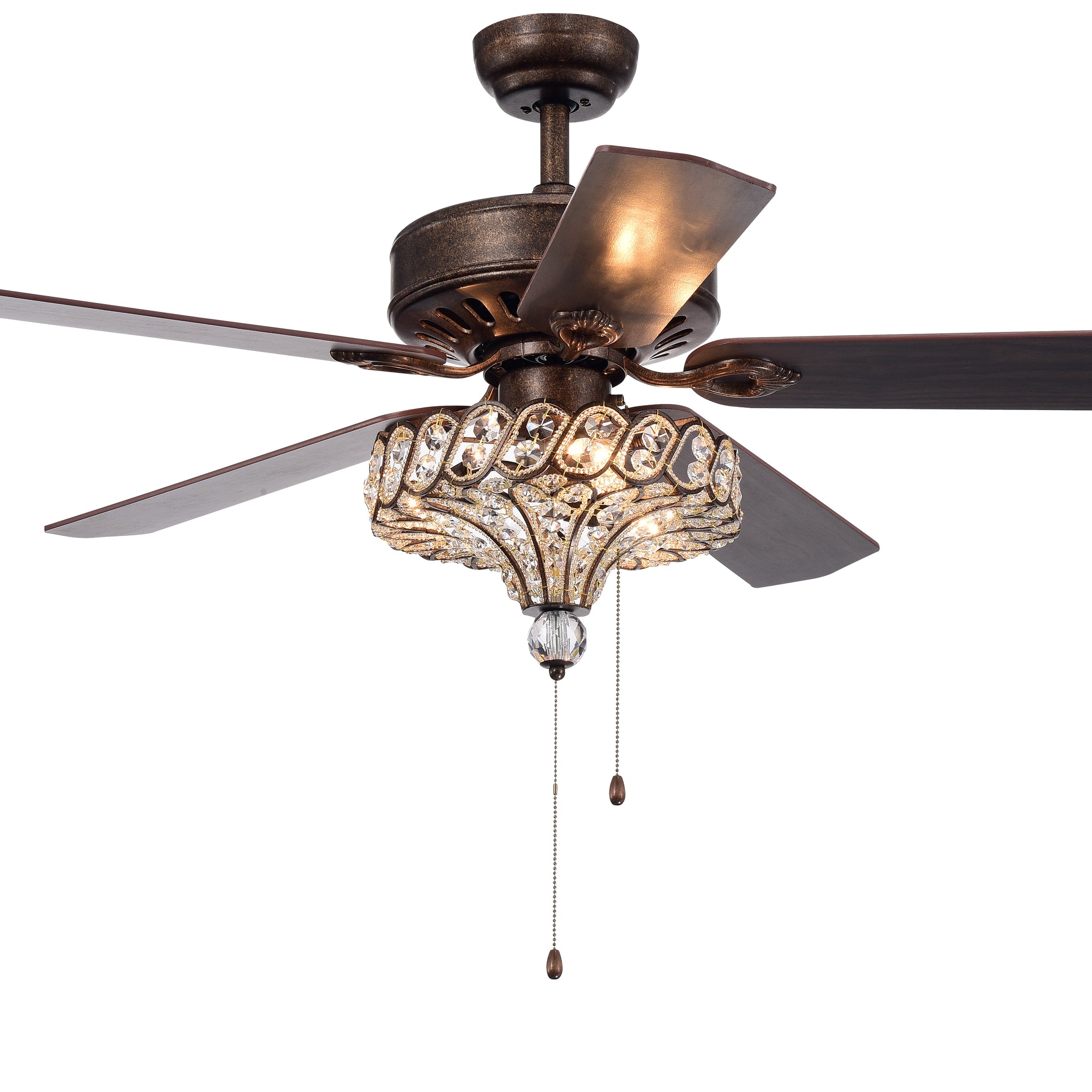 52'' Classical Crystal Ceiling Fan Lamp,3 Speed5 Reversible Blades For Living Room, Dining Room, Bedroom, Family Room, Rustic Bronze ,3Pcs*E12 No Include Bulb, Hand Pull Chain Rustic Brown American