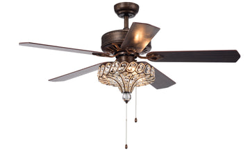 52'' Classical Crystal Ceiling Fan Lamp,3 Speed5 Reversible Blades For Living Room, Dining Room, Bedroom, Family Room, Rustic Bronze ,3Pcs*E12 No Include Bulb, Hand Pull Chain Rustic Brown American