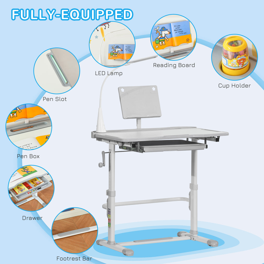 Qaba Kids Desk And Chair Set, Height Adjustable School Study Table And Chair, Student Writing Desk With Tilt Desktop, Led Light, Pen Box, Drawer, Reading Board, Cup Holder, And Pen Slots, Grey Grey Plastic