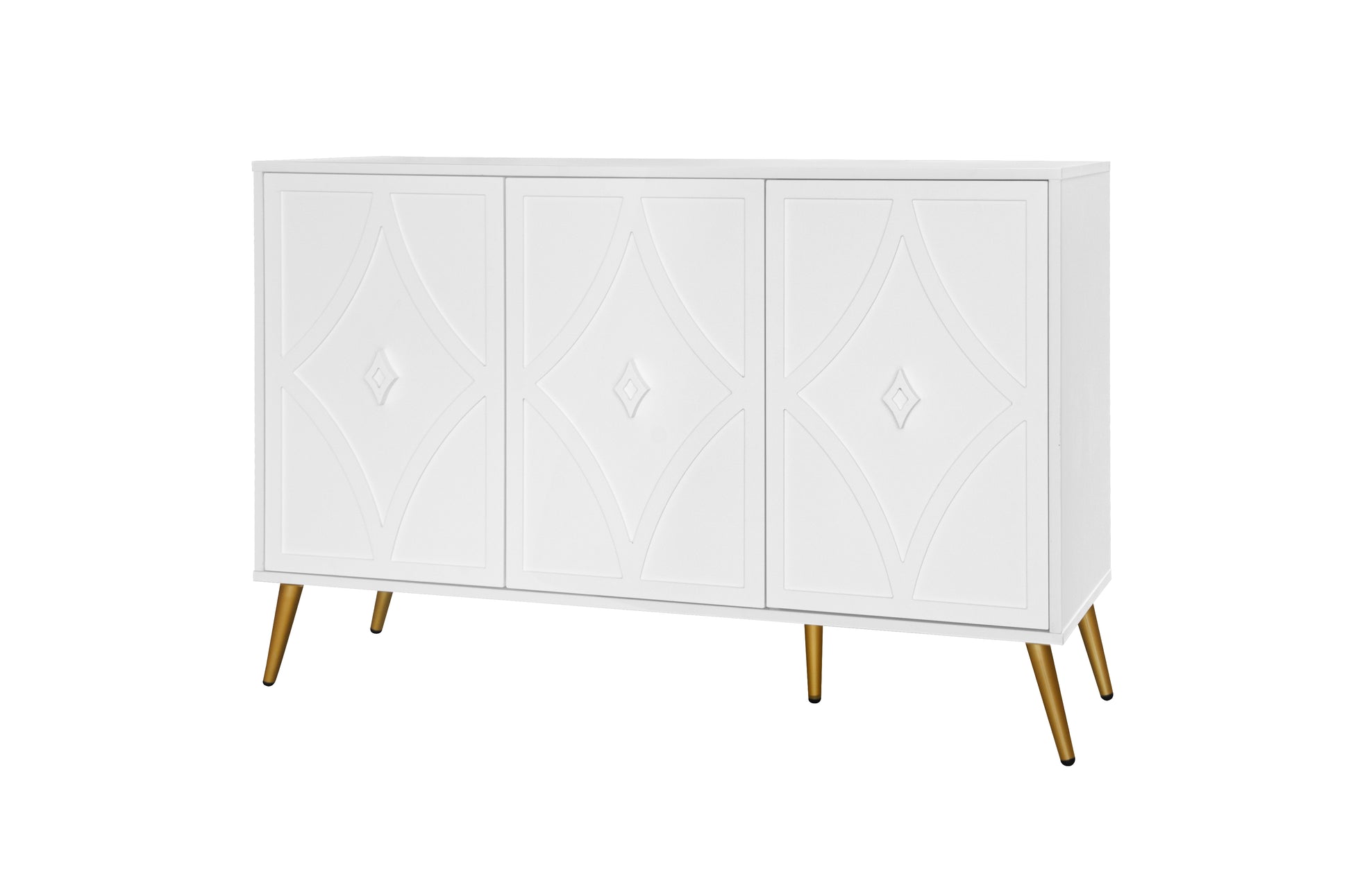 3 Door Storage Cabinet Accent Cabinet With Storage,Sideboard With Adjustable Shelf, Kitchen Cabinet, Diamond Shaped Decoration Door For Living Room, Kitchen, Dining Room ,Enchence White Particle Board Mdf