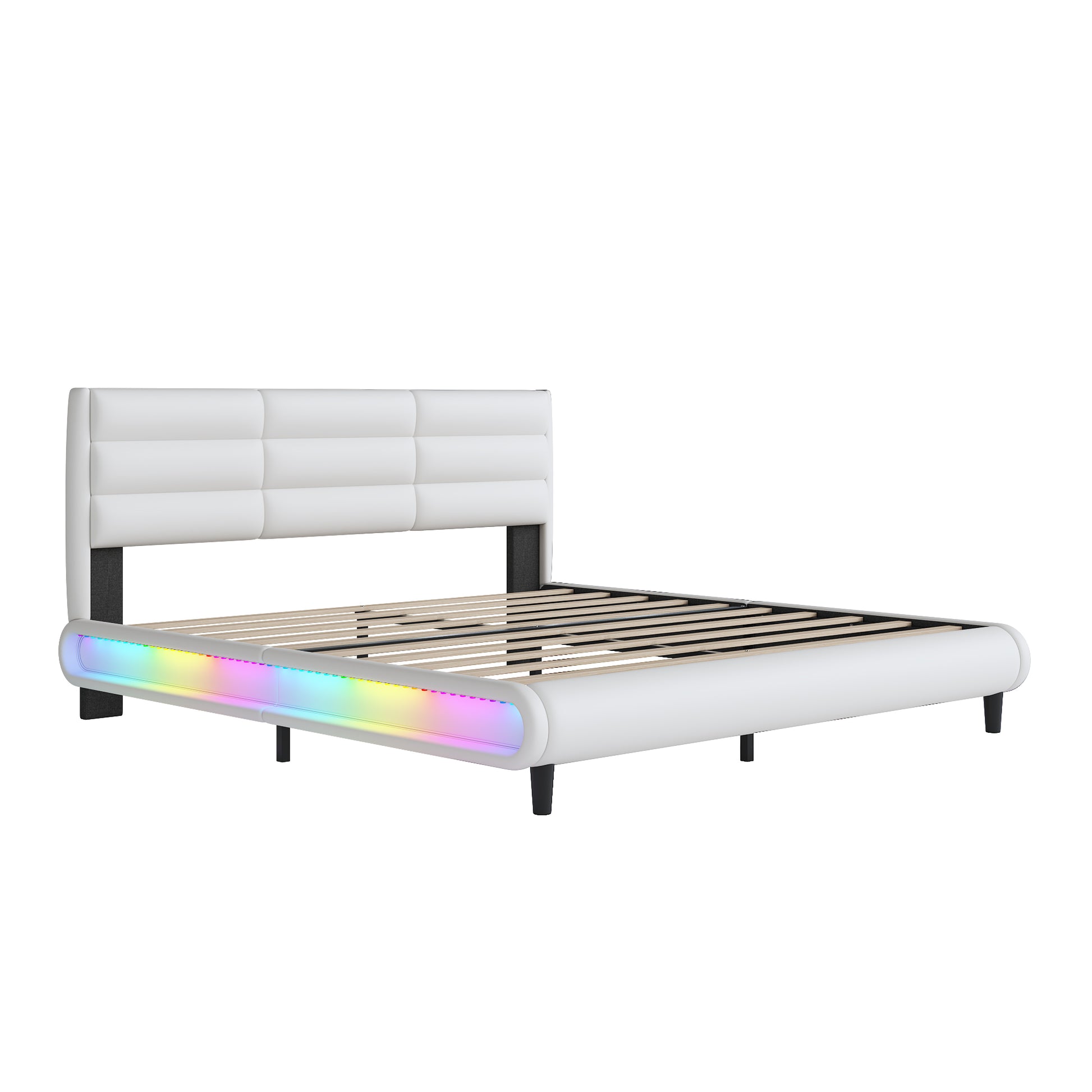 King Size Upholstered Platform Bed With Led Light Strips,White King White Upholstered