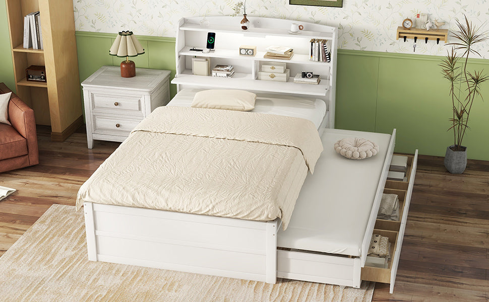 Full Size Wooden Led Platform Bed With Trundle, With Storage Headboard, With Drawers, White Full White Plywood