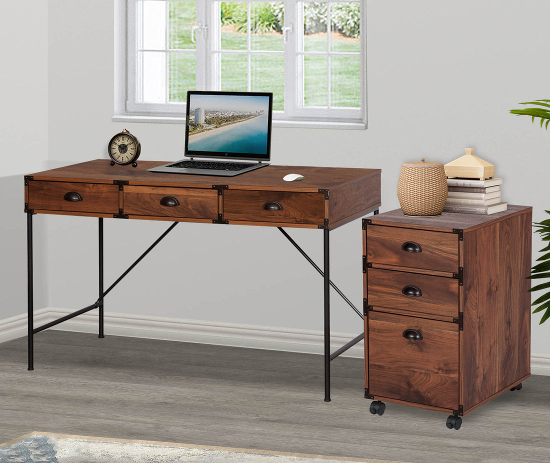 "47"" Writing Desk With 3Drawers" Robust Walnut Office Desk With Metal Frame Sleek Computer Desk With Drawers, Heavy Duty Workstation For Home And Office, Industrial Design With Large Storage Walnut Solid Wood