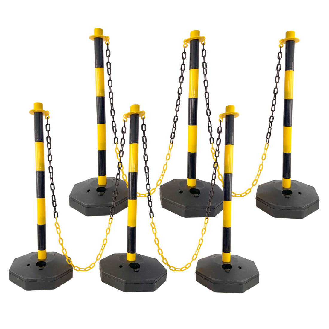 6 Pack Traffic Delineator Post Cones With Fillable Base, Adjustable Plastic Safety Barrier With 5Ft Plastic Chain, Outdoor And Indoor Crowd Control Stanchion For Traffic Control And Warning Y B Yellow Black Plastic