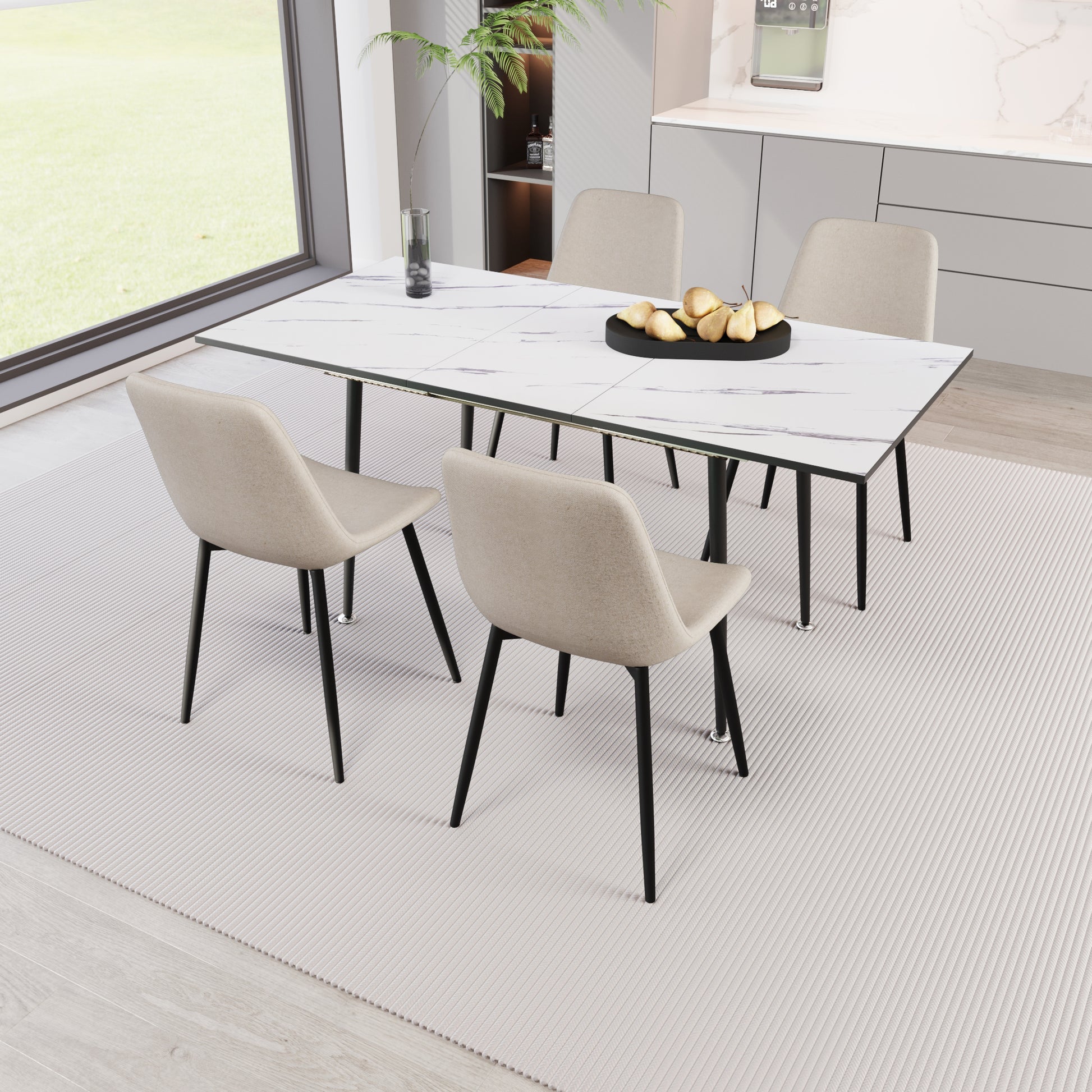 47" 63" Extendable Mdf Modern Dining Table And Chair Set, Suitable For 2 6 People, White Dining Table And Modern Beige Dining Chair 4 Piece Set, Metal Base And Linen Chair Beige White Mdf