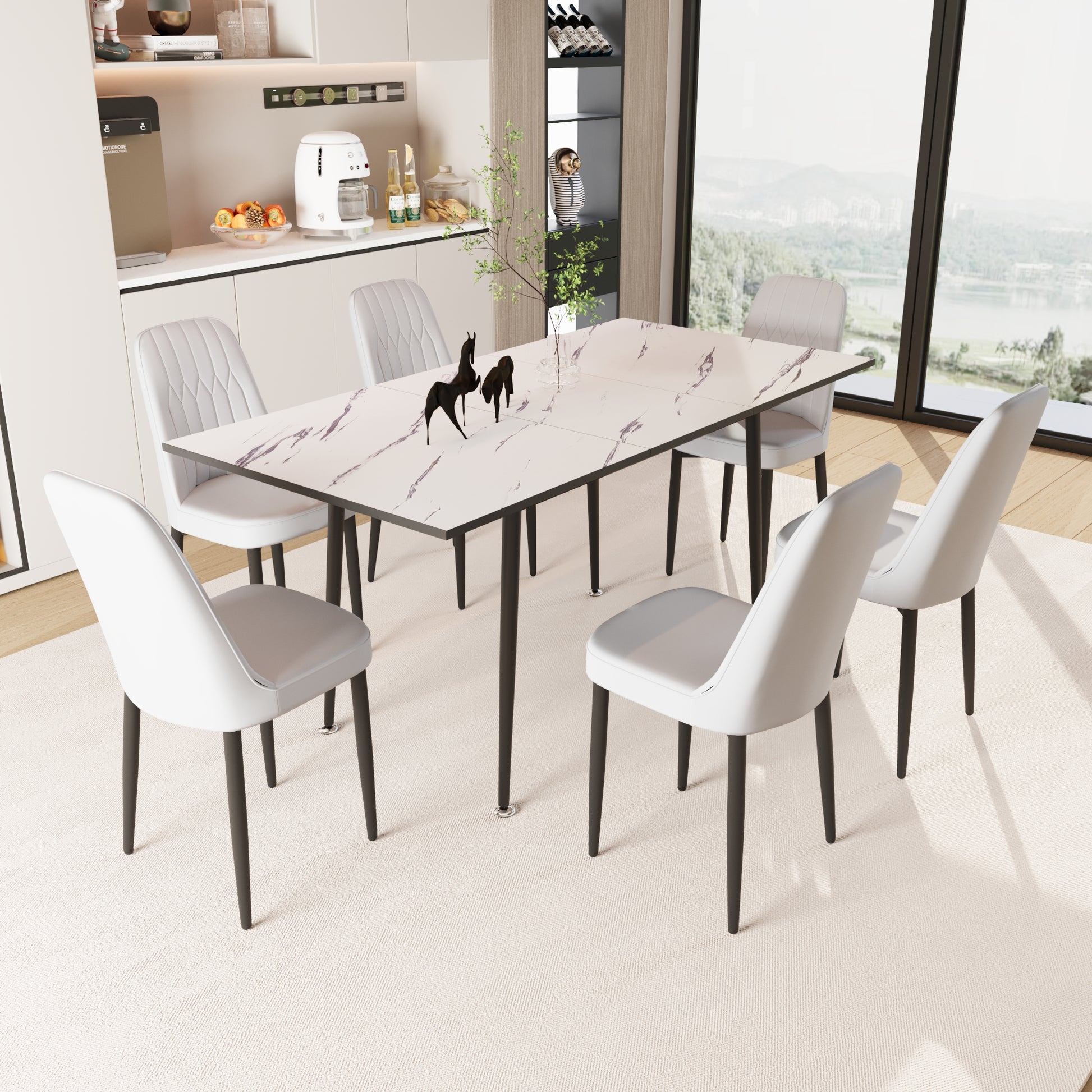 An Expandable Dining Table Set For 2 6 People, Equipped With Pu Fabric Thick Cushioned Dining Chairs And An Elegant And Spacious Dining Tablekitchen Table And Chair Set, With Black Metal Legs Grey