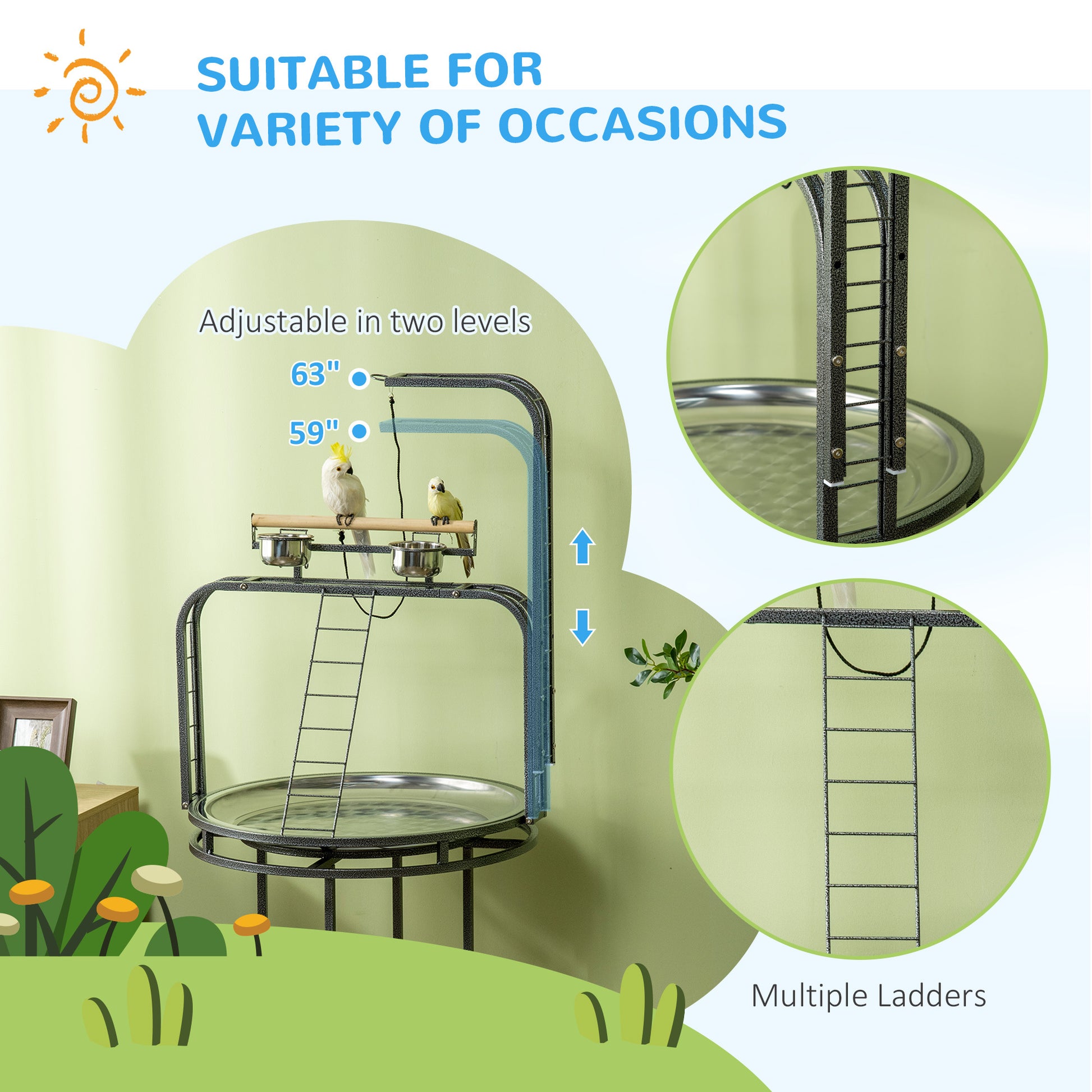 Pawhut Parrot Stand Large Bird Perch Stand With Toy Hook & 3 Ladders, Parrot Perch With Easy Grip, Bird Wooden Stand, Gray Gray Steel