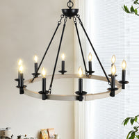 Rustic Farmhouse 10 Light Candle Chandelier, Black Metal And Wood Round Hanging Light Fixture For Dining Room, Kitchen, Living Room, Adjustable Height, E12 Bulb Base No Bulbs Matte Black,White Oak