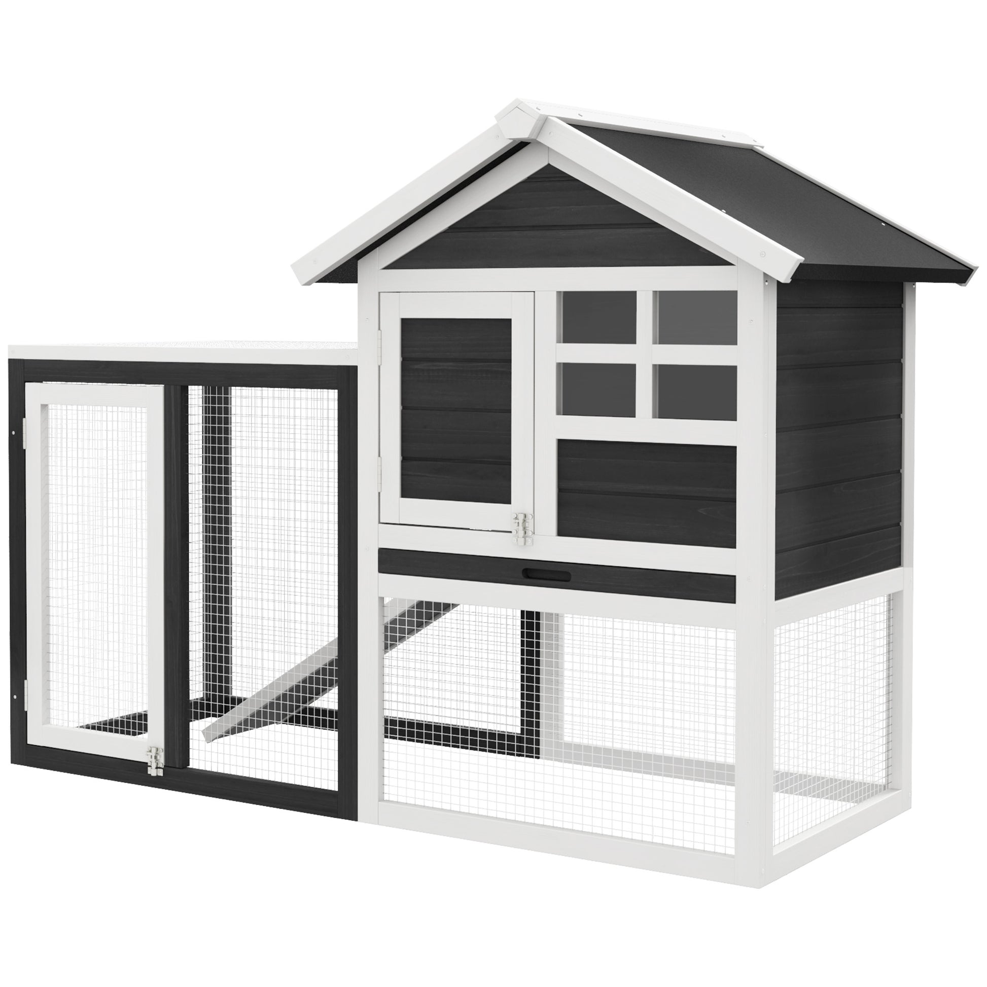 Pawhut 48" Wooden Rabbit Hutch Bunny Cage With Waterproof Asphalt Roof, Fun Outdoor Run, Removable Tray And Ramp, Grey Grey White Wood