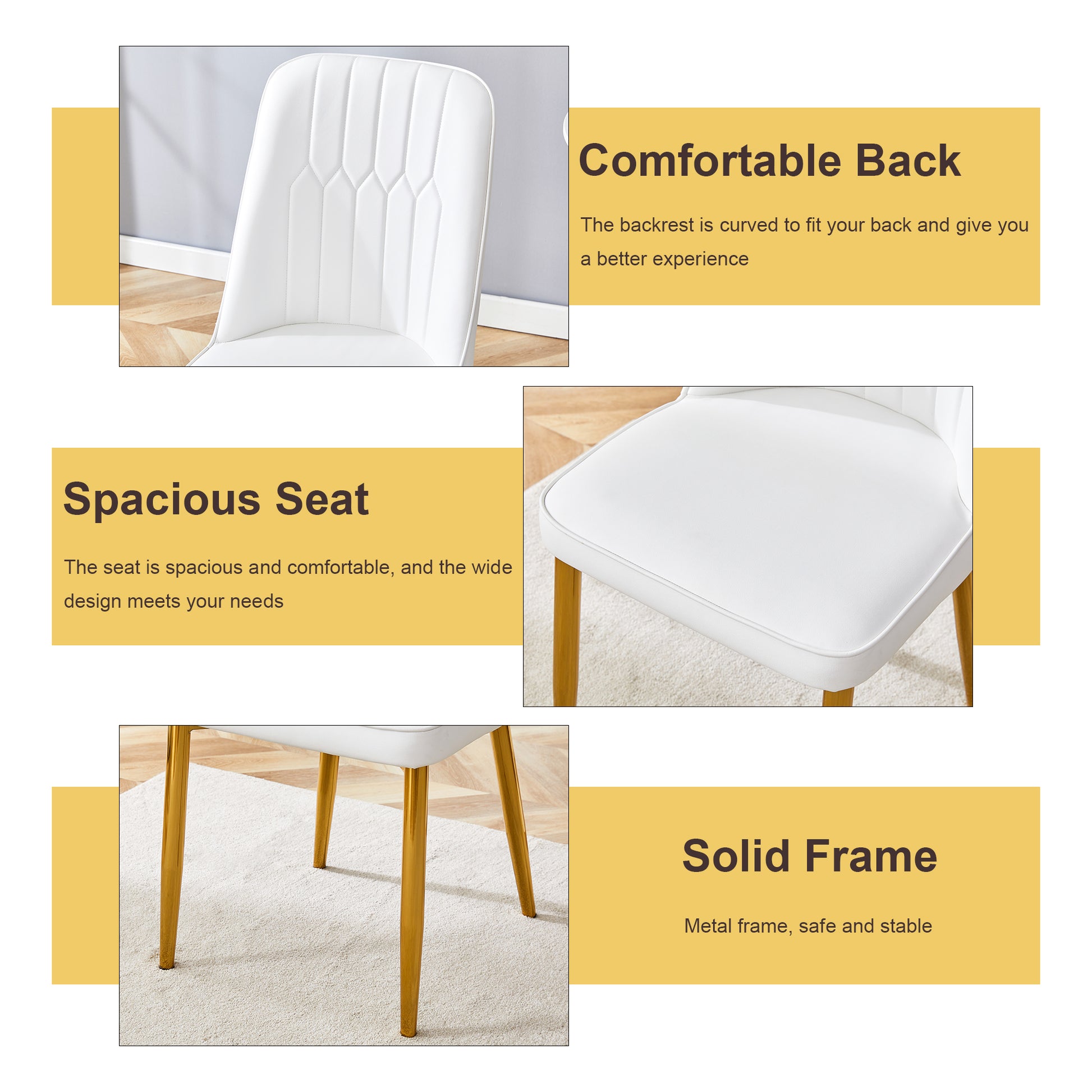 Table And Chair Set.63"W X 35.4"D X 30"H Clear Tempered Glass Desk And Chair Set With 4 White Pu Chairs With Gold Metal Legs.Bring A Comfortable Home Experience To The Kitchen, Bedroom, And Office.