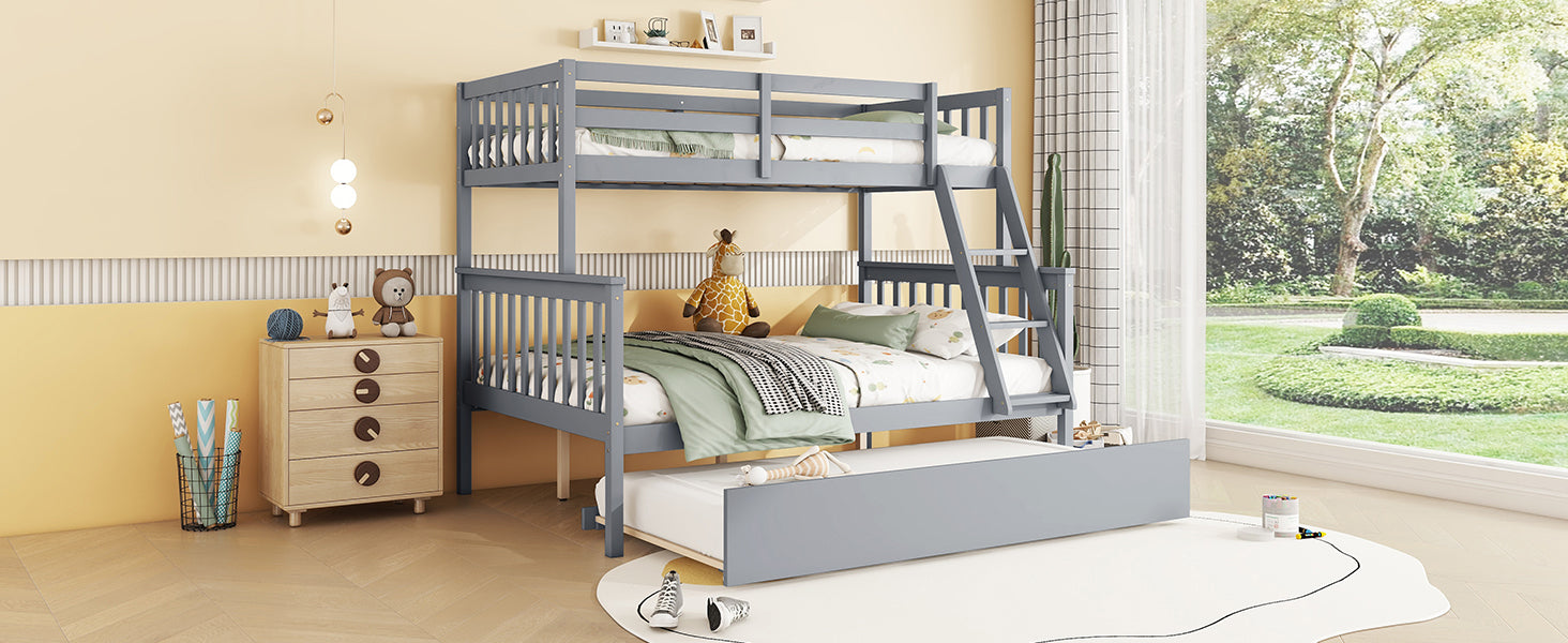 Twin Over Full Rubber Wood Bunk Bed With Trundle, Convertible Ladder And Guardrail, Detachable, Convertible Bed, With Twin Size Trundle ,Grey Twin Grey Rubber Wood