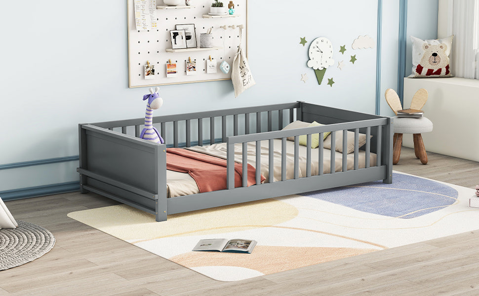 Twin Size Floor Platform Bed With Built In Book Storage Rack,Grey Twin Grey American Design Pine