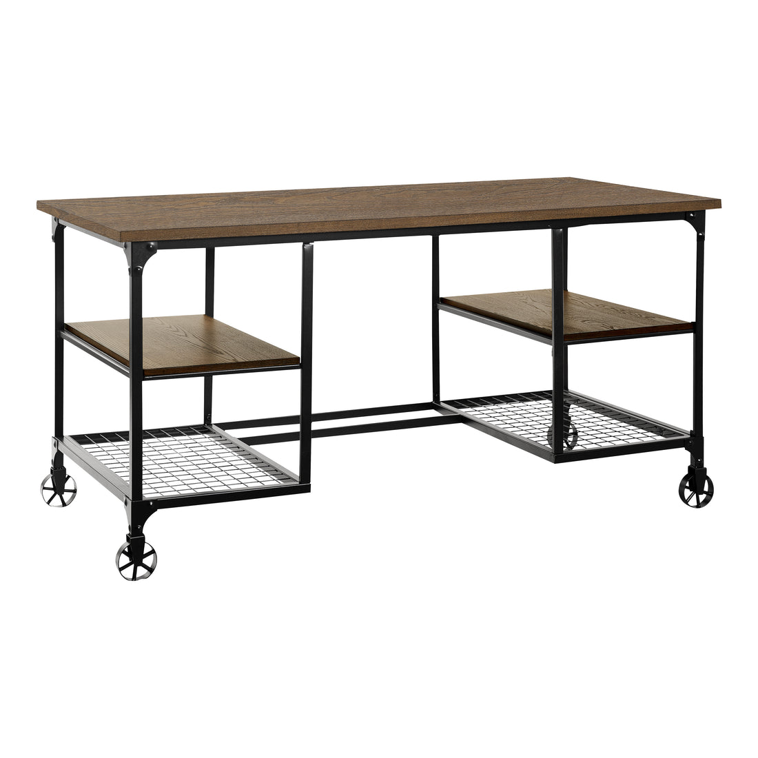 Modern Traditional Aesthetic 1Pc Writing Desk With 4X Shelves Metal Casters Natural Finish And Rustic Black Metal Finish Black,Natural Primary Living Space Shelves Rectangular Engineered Wood,Metal