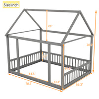 Full Size Floor Wooden Bed With House Roof Frame And Safety Guardrails ,Gray Full Gray Pine