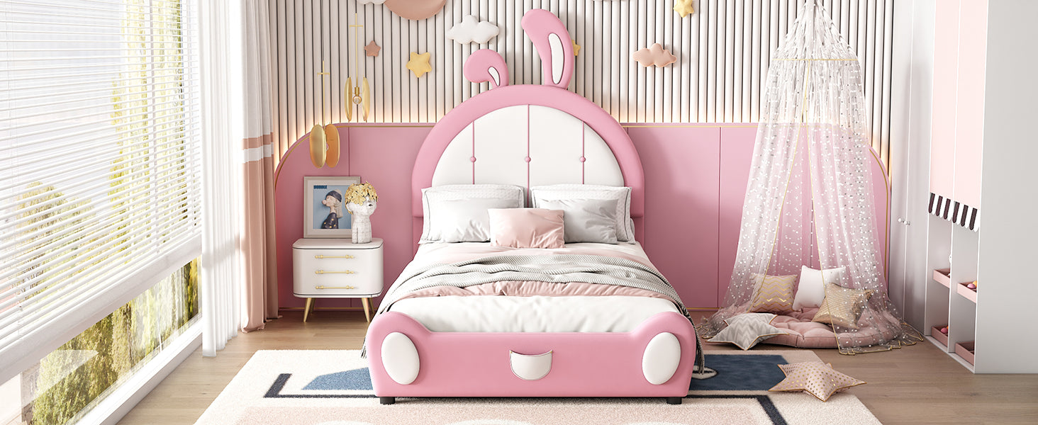 Twin Size Upholstered Platform Bed With Rabbit Shaped Headboard, Pink Box Spring Not Required Twin Pink White Wood Bedroom Bed Frame Faux Leather Upholstered