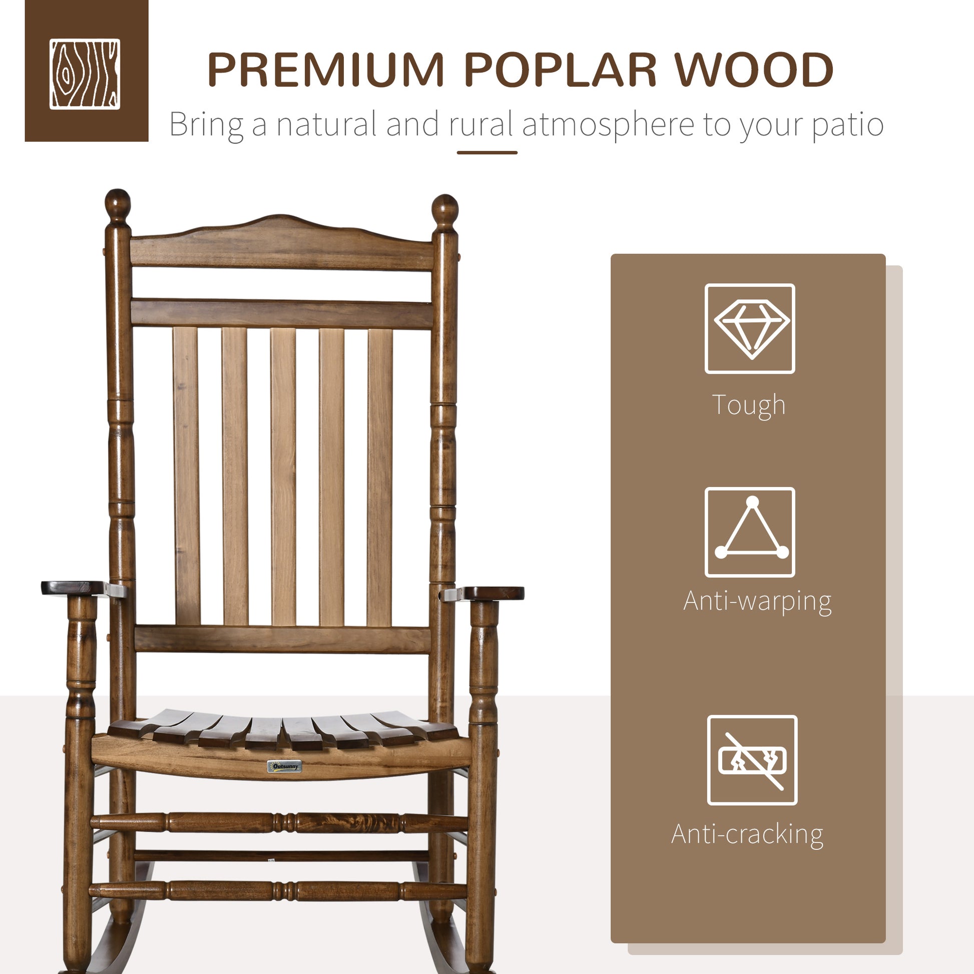 Outsunny Traditional Wooden High Back Rocking Chair For Porch, Indoor Outdoor, Brown Brown Wood