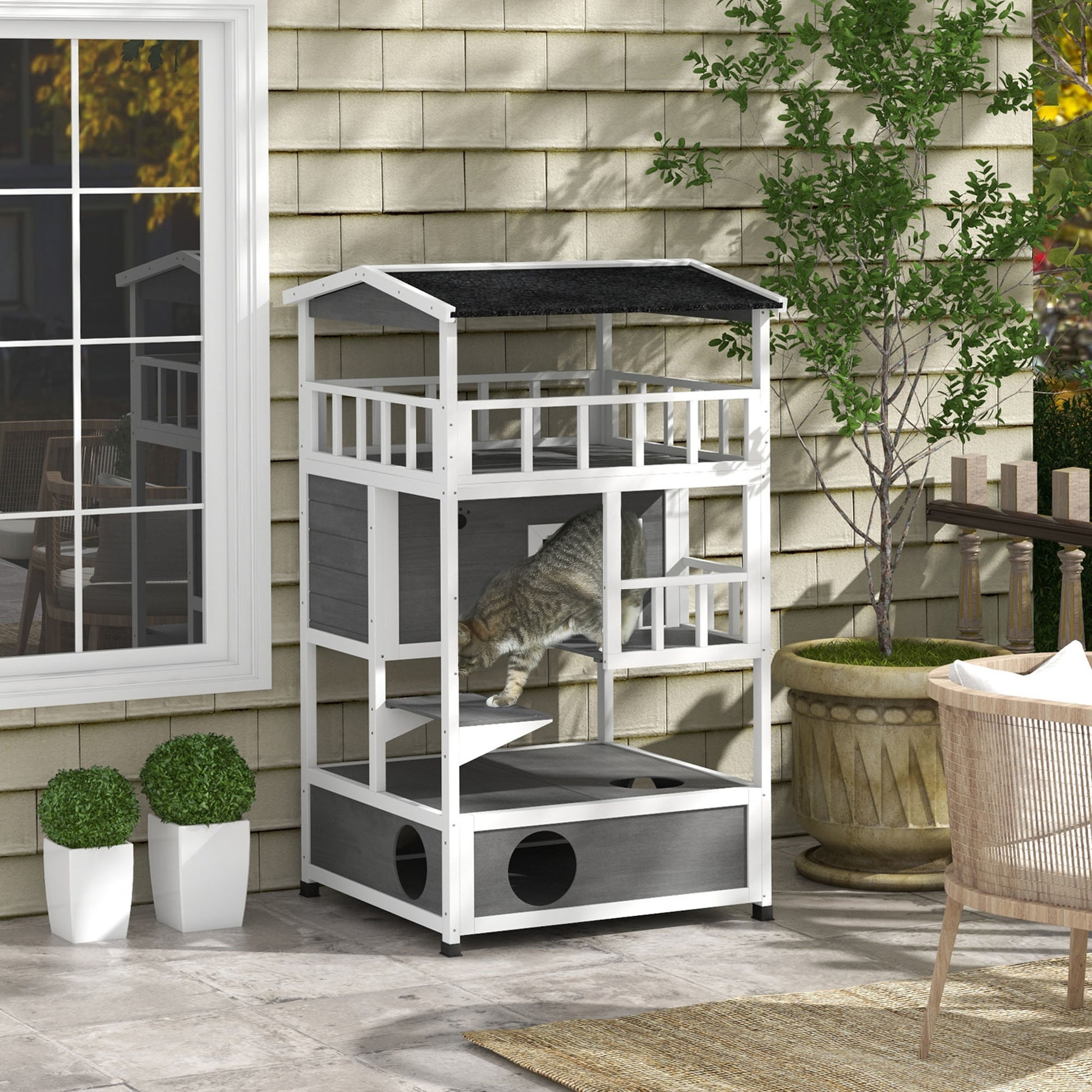 Pawhut Wooden Outdoor Cat House, Feral Cat Shelter Kitten Condo With Asphalt Roof, Escape Doors, Condo, Jumping Platform, Light Gray Light Gray Wood