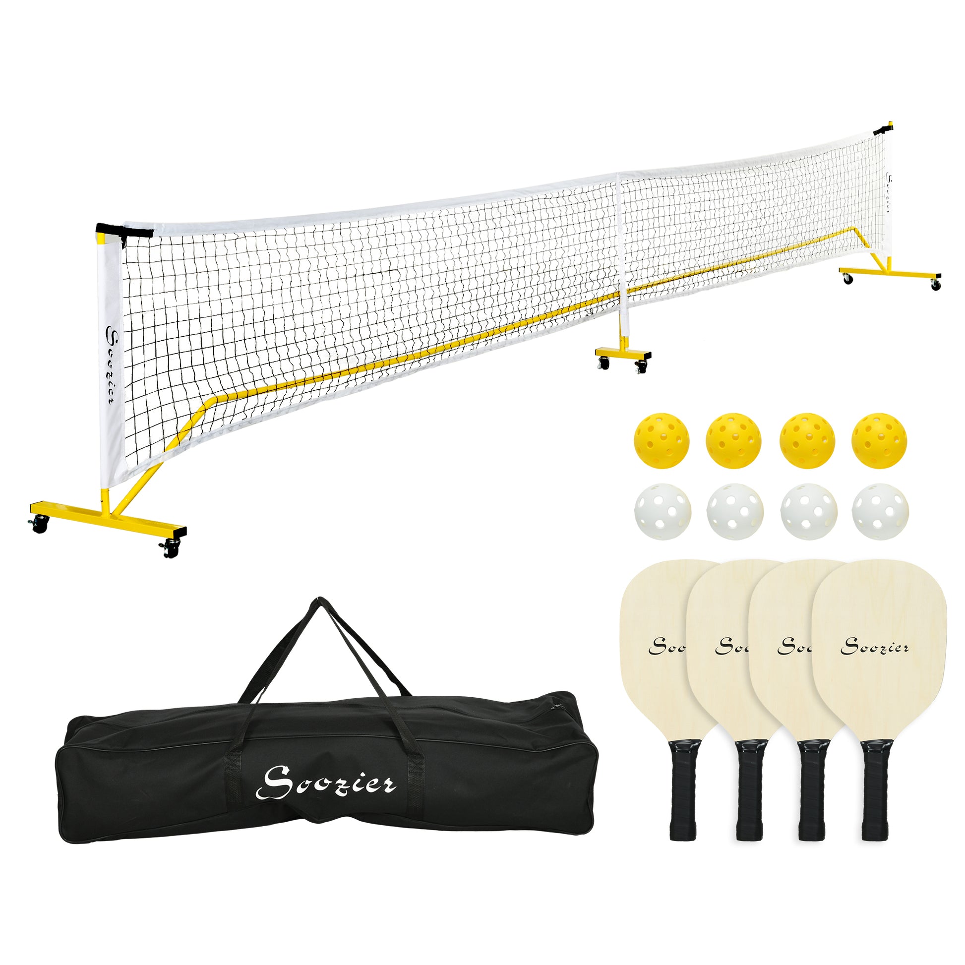 Soozier Pickleball Set With Net, Court Markers And Wheels, 22Ft Portable Pickleball Net For Driveway With 4 Pickleball Paddles, 8 Pickleballs And 1 Carry Bag Colorful Steel