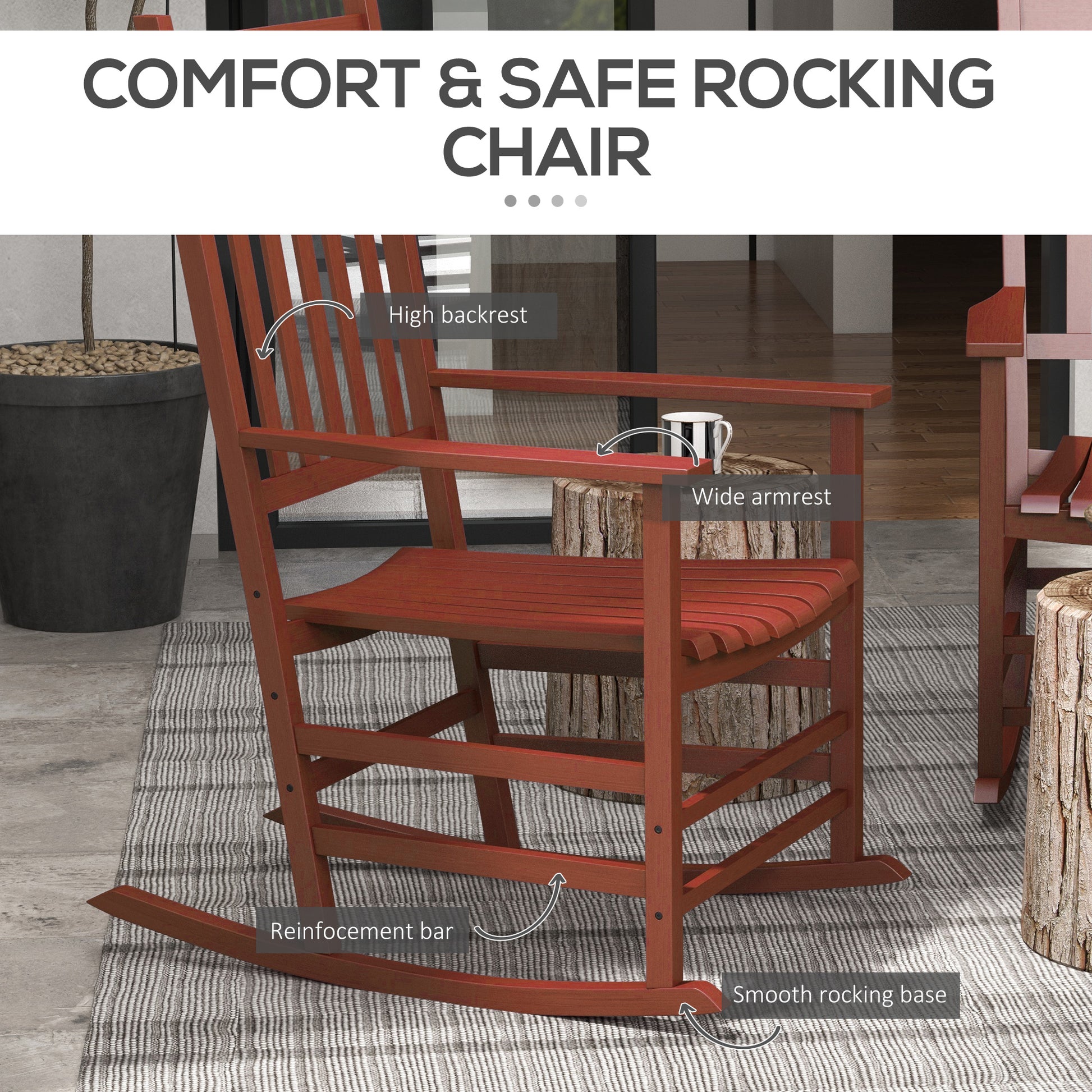 Outsunny Outdoor Rocking Chair Set Of 2, Patio Wooden Rocking Chair With Smooth Armrests, High Back For Garden, Balcony, Porch, Supports Up To 352 Lbs., Wine Red Red Fabric Metal
