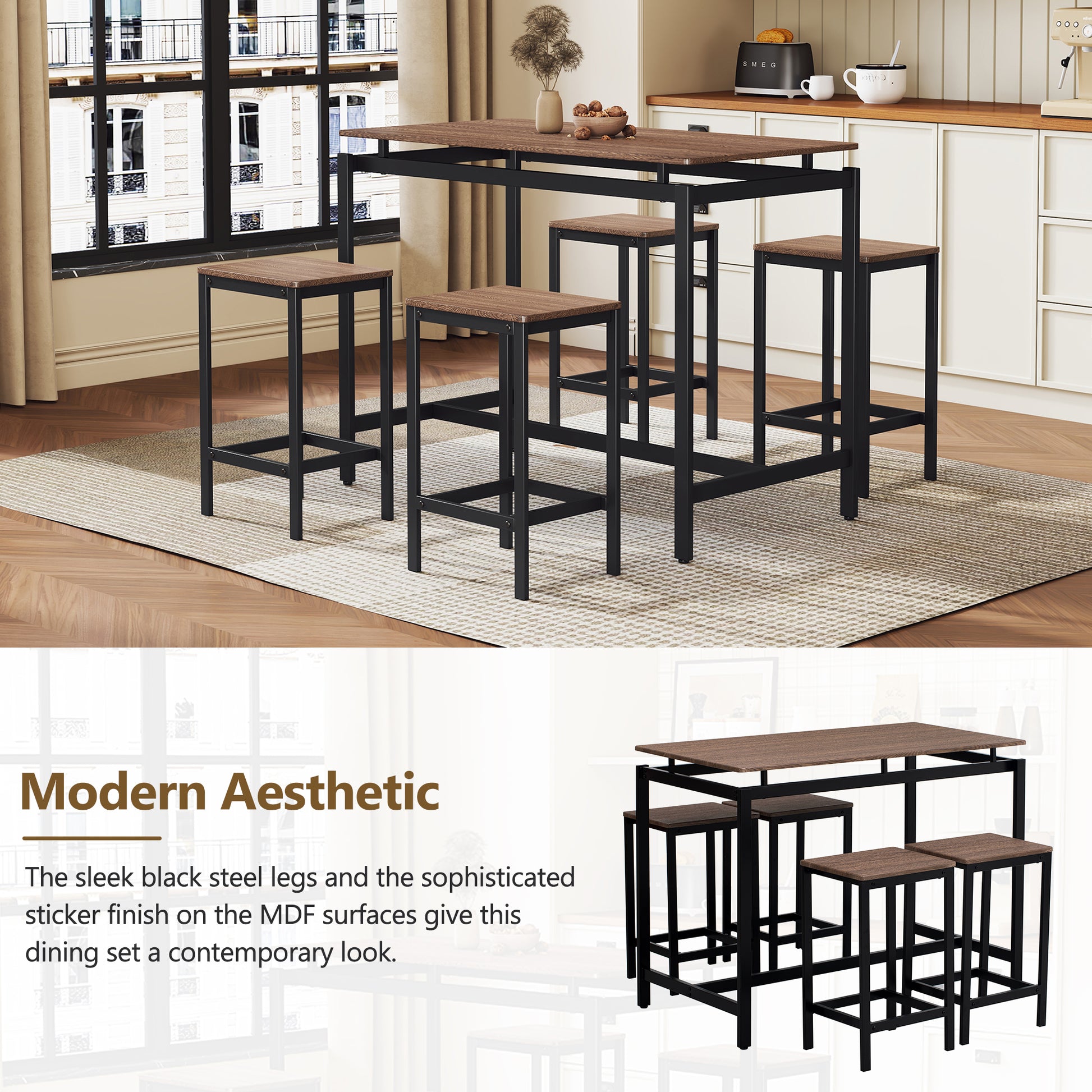 5 Piece Compact Bar Table Set With Table And Stools Modern Industrial Design, Space Saving Furniture For Dining Room And Breakfast Nook Dark Brown Dark Brown Mdf Steel