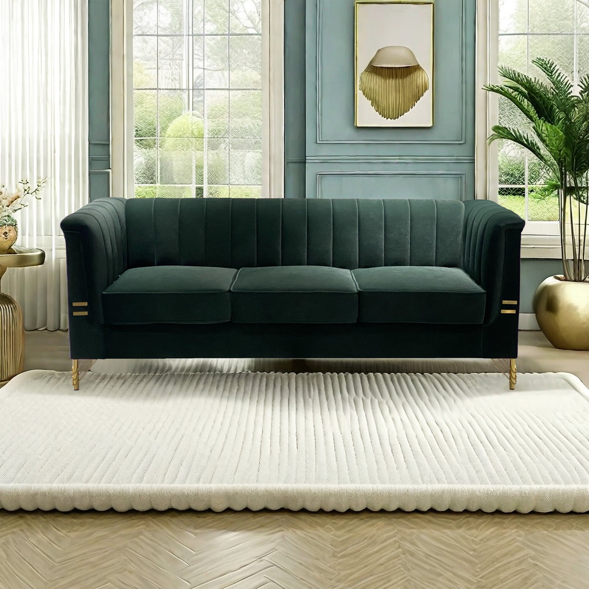 Fx P82 Gr Sofa 82.67'' W Velvet Sofa, Mid Century Sofa Furniture Chesterfield Couch For Living Room Sofa, Green Green Velvet 3 Seat