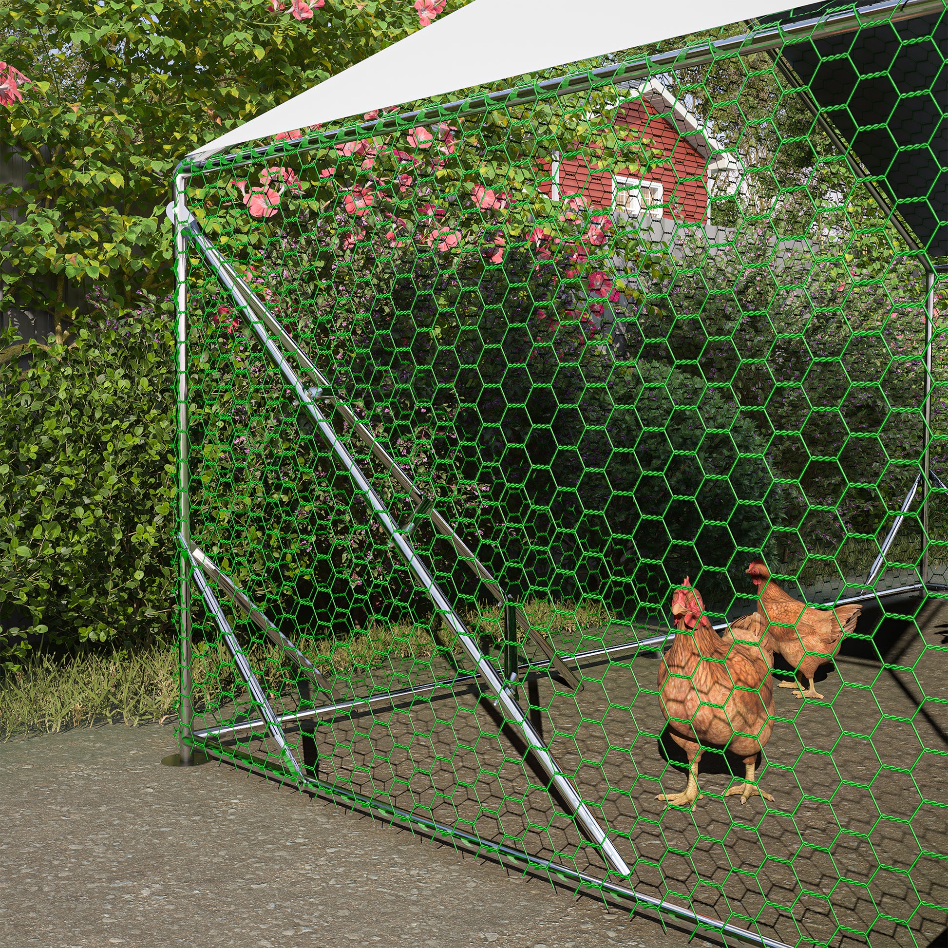 10 Ft. X 6.6 Ft. Large Metal Walk In Chicken Coop Galvanized Poultry Cage With Roosting Bar Farm Hen House Silver Metal