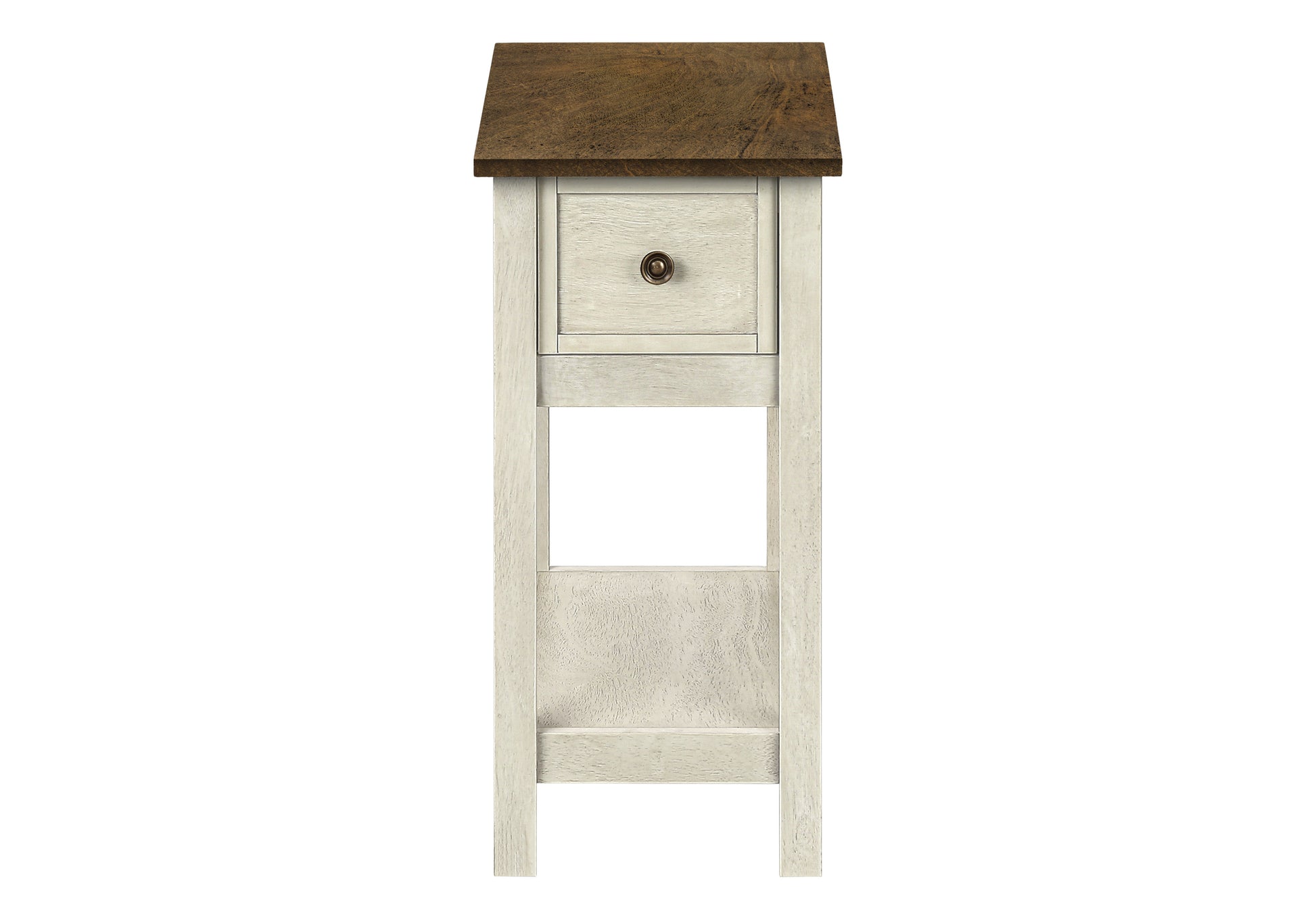 Accent Table, End, Side Table, 2 Tier, Narrow, Bedroom, Lamp, Storage Drawer, Antique White Veneer, Brown Veneer, Transitional White Mdf