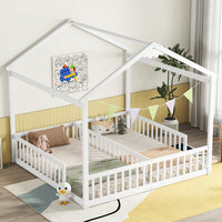 Double Twin House Style Floor Bed With Fence, Guardrails, Without Door, White Twin White American Design Pine