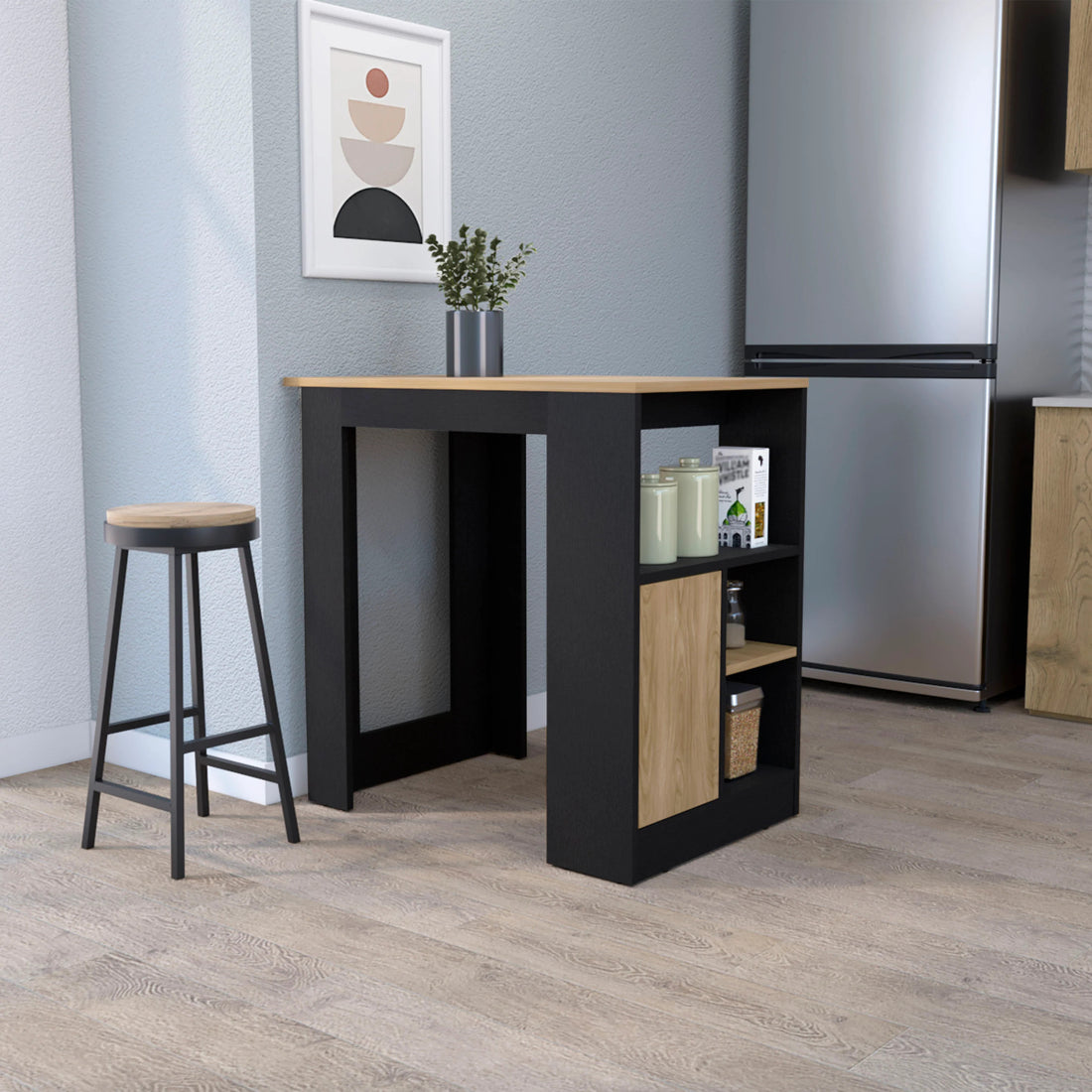 Black And Natural Oak 1 Door Kitchen Island With Open Storage Oak Particle Board Melamine