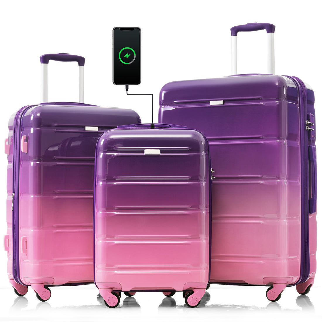 Luggage Set Of 3, 20 Inch With Usb Port, Airline Certified Carry On Luggage With Cup Holder, Abs Pc Hard Shell Luggage With Spinner Wheels, Purple And Pink Purple Abs Pc