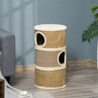 Pawhut 28 Inch Cat Condo, 3 Story Cat Hideaway With Sisal Scratching Pad, Barrel Shaped Small Cat Tree For Indoor Cats, Khaki And Brown Khaki Particle Board