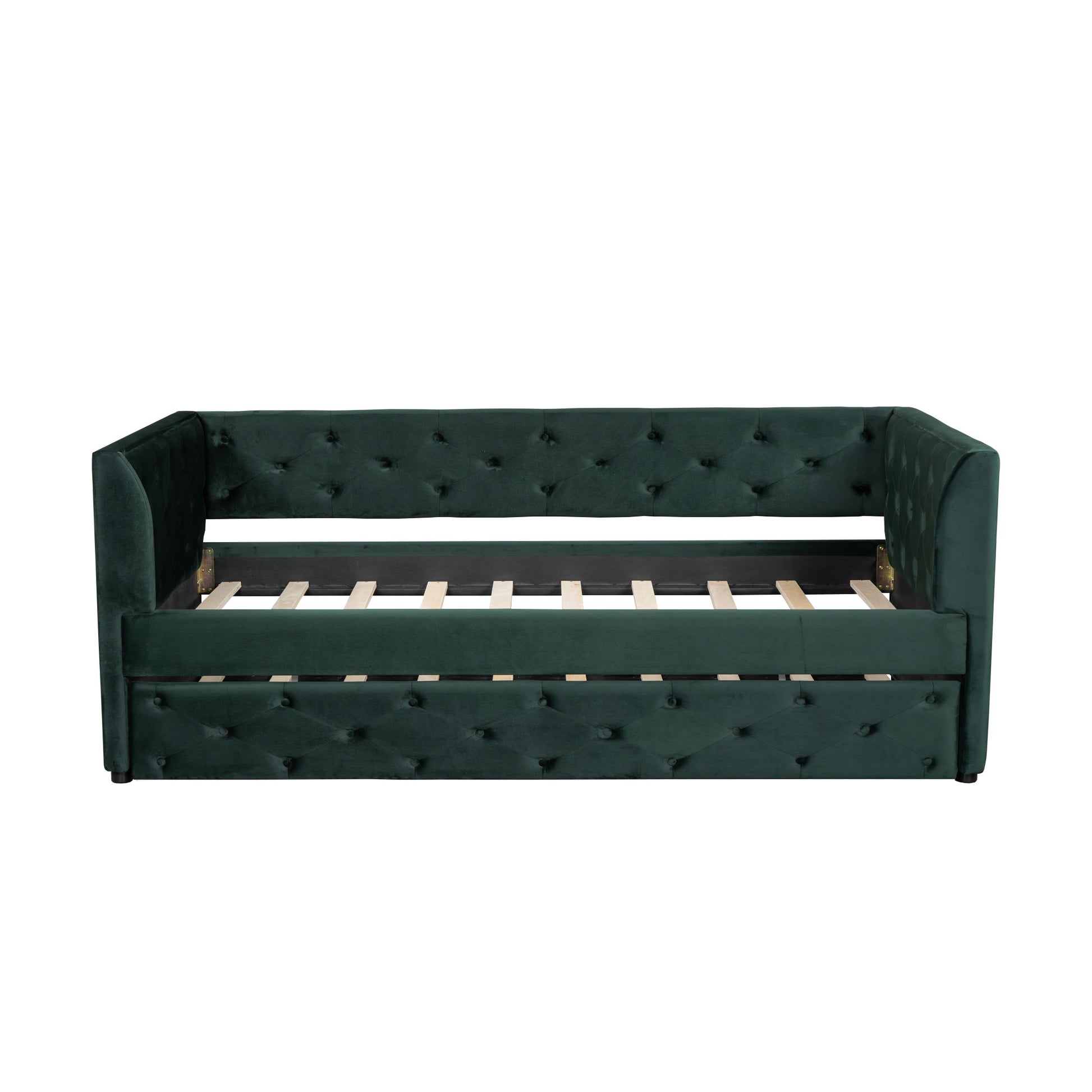 Twin Size Upholstered Velvet Tufted Daybed With Trundle, Green Box Spring Not Required Twin Green Wood Daybeds Velvet Solid Wood Mdf,Velvet