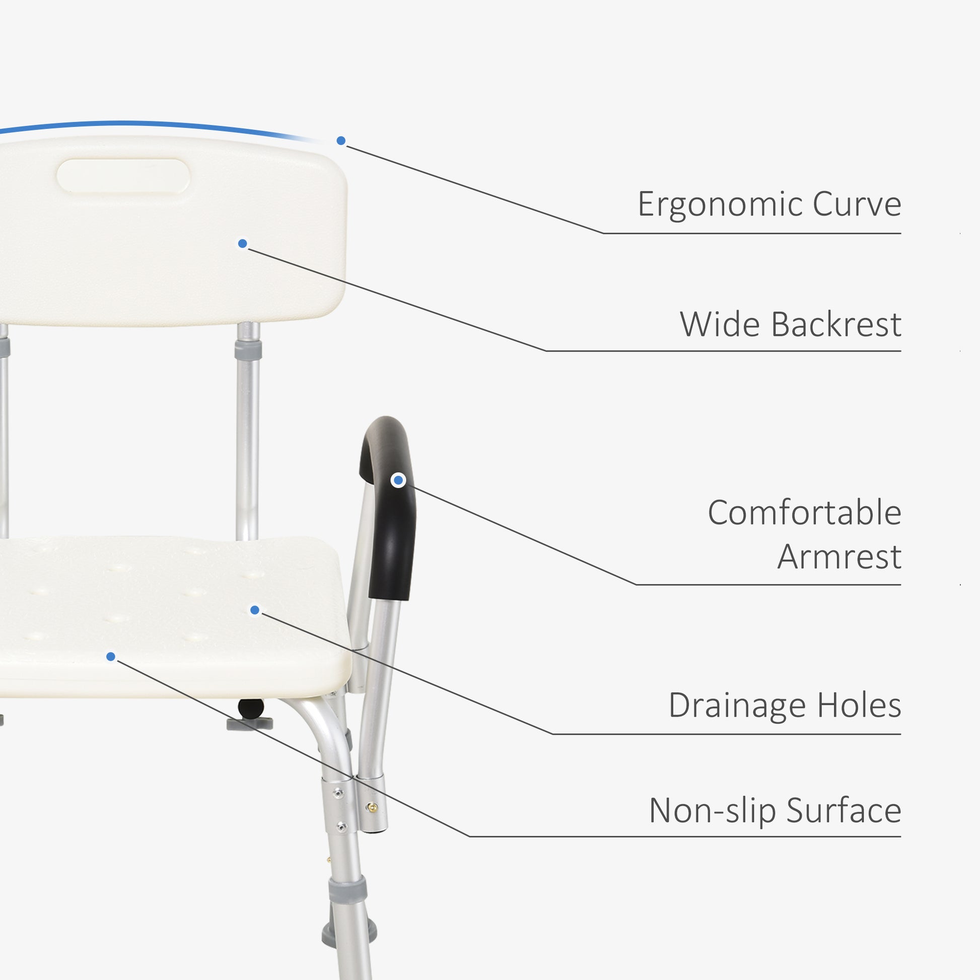 Homcom Shower Chair, Mobility Medical Grade Bath Chair, Adjustable Shower Bench With Removable Armrests For Seniors, Handicap, Disabled White Aluminum