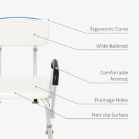 Homcom Shower Chair, Mobility Medical Grade Bath Chair, Adjustable Shower Bench With Removable Armrests For Seniors, Handicap, Disabled White Aluminum