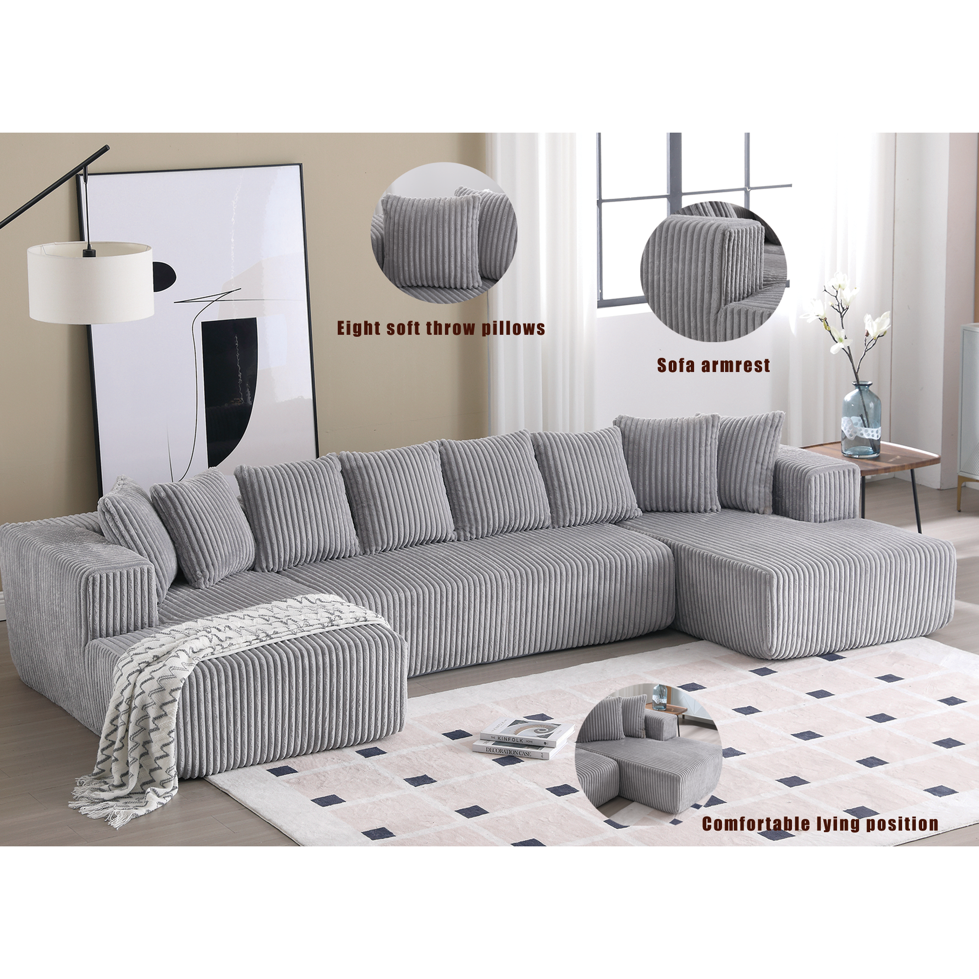 Arrived 131'' Modular Sectional Couch, U Shaped Sofachaise Lounge, Striped Fabric,Upholstered 4 Seater Couch For Living Room, Bedroom, Free Combination Sofa Corduroy , Gray Gray Polyester Primary